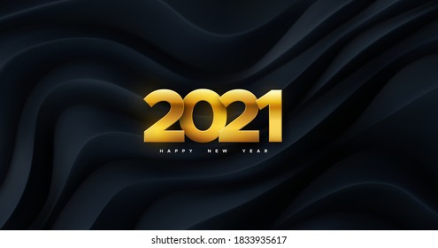 Alles Gute zum neuen Jahr 2021. Vektorgrafik für Feiertage. Paperschnitt-goldene Zahlen auf schwarz-geometrischem Hintergrund. Fest-Event-Banner. Wavy topographische Hintergrund. Gestaltungselement für Poster- oder Deckendesign