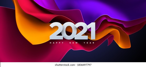 Happy New 2021 Year. Vector holiday illustration of paper cut numbers on colorful streaming fabric background. Festive event banner. Decoration element for poster or cover design