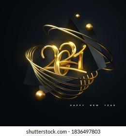Feliz Año Nuevo 2021. Ilustración vectorial de vacaciones. Números Golden 3d 2021. Hojas de papel negro con anillos dorados brillantes. Cartel del evento festivo. Diseño de póster o cubierta