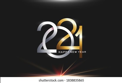 Happy New 2021 Year. Vector holiday illustration. Silver and Golden 3d numbers on dark background for  festive event banner. flyers, posters, business decoration sign, card, banner, postcard design.