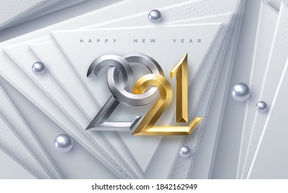 Happy New 2021 Year. Vector holiday illustration. Silver and Golden 3d numbers on white abstract paper cut background. Winter festive event banner. Geometric triangle shapes. Poster or cover design