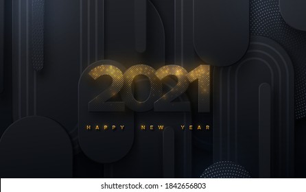 Happy New 2021 Year. Vector holiday illustration. Black paper numbers textured with glittering golden particles on black paper cut background. Shimmering papercut sign. Festive banner template