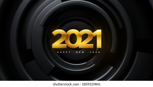 Happy New 2021 Year. Vector holiday illustration. Golden foil numbers 2021 on black geometric background. Festive banner template