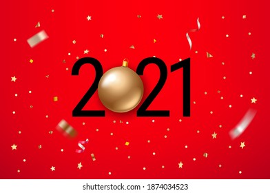 Feliz nueva tarjeta de saludo vectorial 2021. Banner con bauble dorado y confetti