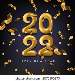 Happy New 2021 Year. Vector holiday illustration with realistic 3d golden  textured with confetti. 