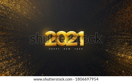 Happy New 2021 Year. Vector holiday illustration. Golden numbers on black background textured with shimmering glitters. Festive event banner with bursting light rays. Modern poster or cover design