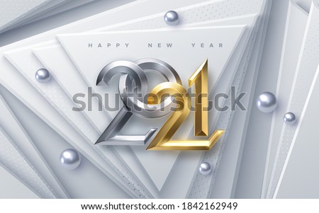 Happy New 2021 Year. Vector holiday illustration. Silver and Golden 3d numbers on white abstract paper cut background. Winter festive event banner. Geometric triangle shapes. Poster or cover design