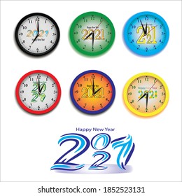 ¡Feliz nuevo año 2021! Reloj de pared con el texto del nuevo año 2021. Plantilla de texto minimalista.