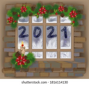 Feliz Año Nuevo 2021 con árbol de navidad, poinsettia de flores rojas y velas. ilustración vectorial	