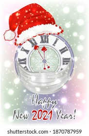 Happy New 2021 year xmas clock card, vector illustration
