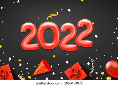 Happy new 2022 greeting card with red balloons and holiday accessories