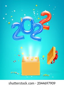 Happy new 2022 greeting card with air balloons. Open box with explotion