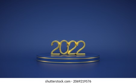 Happy New 2022 Year. 3D Golden metallic numbers 2022 on blue stage podium. Scene, 3D round platform on blue background. Banner, web poster, cover, holiday template. Vector realistic illustration.