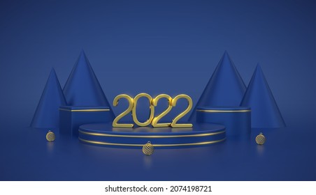 Happy New 2022 Year. 3D Golden metallic numbers 2022 on blue stage podium. Scene, 3D round platform with balls and cone shape pine or spruce trees on blue background. Banner, holiday template. Vector.