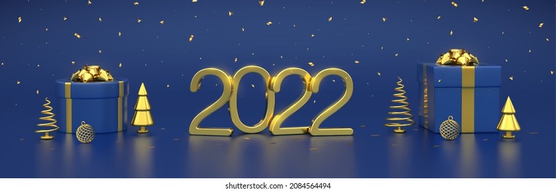 Happy New 2022 Year. 3D Golden metallic numbers 2022 with gift boxes, gold metallic cone shape pine, spruce trees, balls, confetti on blue background. Xmas banner, header, footer. Vector illustration.