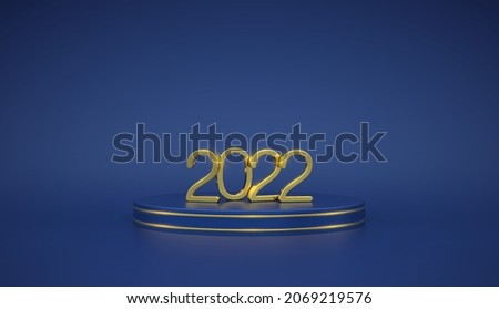 Happy New 2022 Year. 3D Golden metallic numbers 2022 on blue stage podium. Scene, 3D round platform on blue background. Banner, web poster, cover, holiday template. Vector realistic illustration.