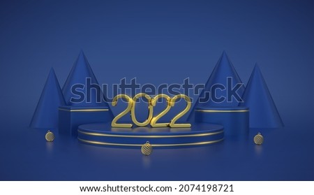 Happy New 2022 Year. 3D Golden metallic numbers 2022 on blue stage podium. Scene, 3D round platform with balls and cone shape pine or spruce trees on blue background. Banner, holiday template. Vector.