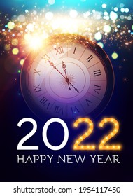 Happy New 2022 Year Background with Clock, Snowflakes and Bokeh Effect