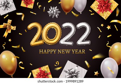 Happy new 2022 year. Banner with realistic golden balloon numbers, gift boxes, gold bows and confetti. Holiday greetings card vector design. Golden christmas banner and new year 2022 illustration