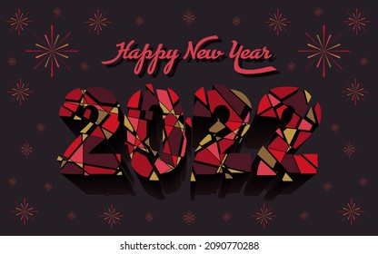 Happy new 2022 year with broken effect text in dark red color and fireworks symbol