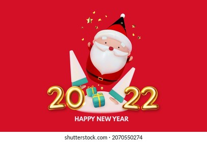 Feliz celebración del Año Nuevo 2022 con número de oro y personaje de presentación 3D de Santa Claus.