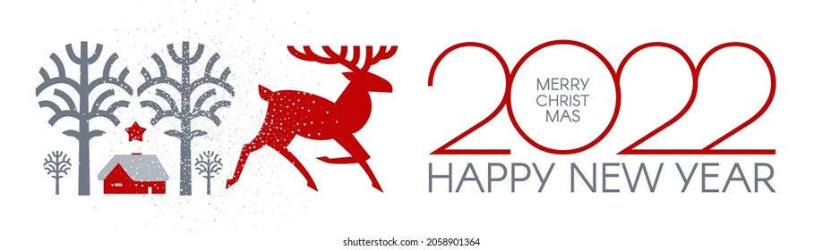 Happy New 2022 Year Christmas flyer with reindeer and winter landscape. Nordic design.