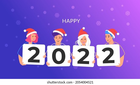 Happy new 2022 year congratulation from young community. Bright vector illustration of young teenagers wearing santa hats and holding cards with letters 2022. Purple gradient background and snowflakes