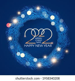 Happy New 2022 Year! Elegant Text With Fir Tree Wreath And Light Bokeh Effect. Minimalistic Text Template