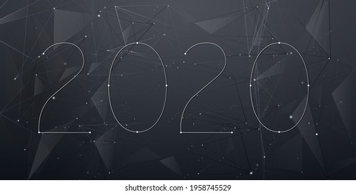 Happy new 2022 year. Elegant white text with light. Minimalistic text. Abstract polygonal space low poly dark background with connecting dots and lines. Vector illustration