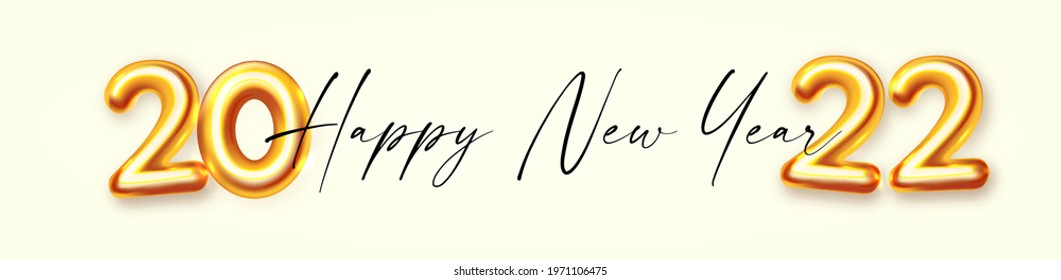 Happy new 2022 year! Elegant gold 3D realistic text with light. Elegant template