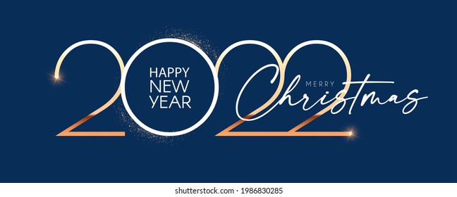Feliz nuevo año 2022 Texto elegante de oro con luz. Plantilla de texto minimalista.