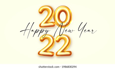 Happy new 2022 year! Elegant gold 3D realistic text with light. Elegant template