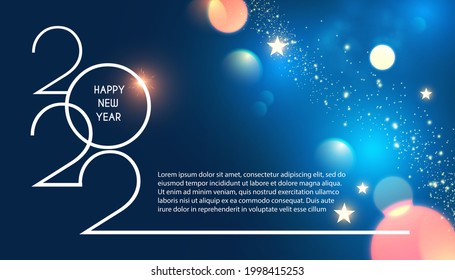 Happy new 2022 year! Elegant text with fir tree branches and light bokeh effect. Minimal text template