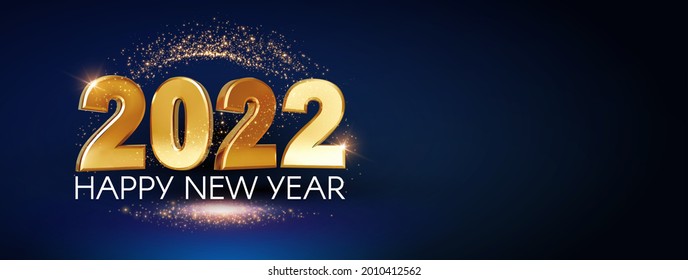 Happy new 2022 year Elegant gold text with gold glitter light. Minimal text template.