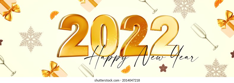 Happy new 2022 year Elegant gold text with snowflakes and gift box. Minimal text template.