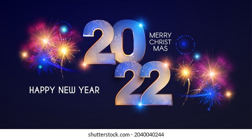 Happy New 2022 Year Elegant Text With Light Effect And Fireworks.