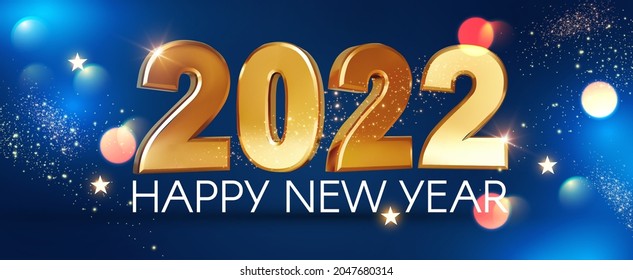 Happy new 2022 year Elegant gold text with bokeh effect and fir tree branches. Minimal text template.