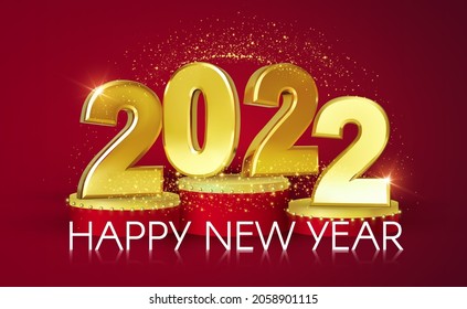 Happy new 2022 year Elegant gold text with podium and light. Minimalistic text template.