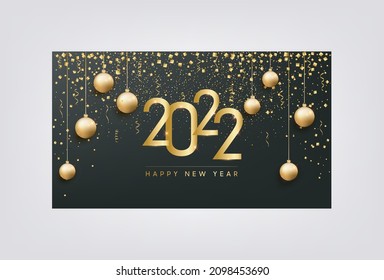 Happy New 2022 year! Elegant golden text with light on black background with golden balls and confetti on it. 