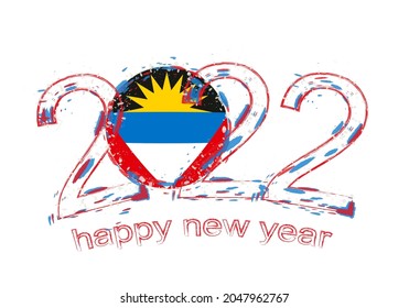 Happy New 2022 Year with flag of Antigua and Barbuda. Holiday grunge vector illustration.