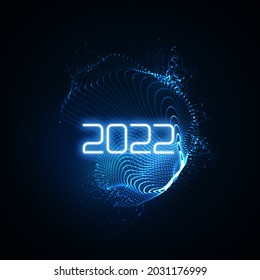 Happy New 2022 Year. Futuristic glowing neon light splash with bursting light rays. Vector holiday illustration. Festive New Year 2022 party sign. Decoration element for design