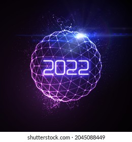 Happy New 2022 Year. Futuristic glowing neon light sphere with bursting light rays. Vector holiday illustration. Festive New Year 2022 party sign. Decoration element for design