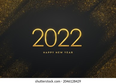 Happy New 2022 Year. Golden metallic luxury numbers 2022 on shimmering background. Realistic sign for greeting card. Bursting backdrop with glitters. Festive poster or banner. Vector illustration.