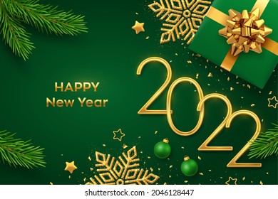 Happy New 2022 Year. Golden Metallic Numbers 2022 With Gift Box, Shining Snowflake, Pine Branches, Stars, Balls And Confetti On Green Background. New Year Greeting Card Or Banner Template. Vector.