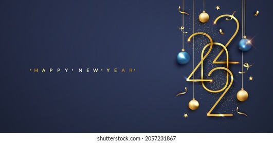 Happy New 2022 Year. Golden numbers 2022 with balls and confetti on blue background. New Year greeting card or banner template. Vector.