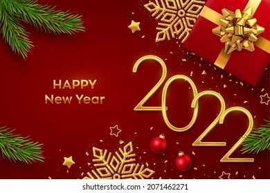 Happy New 2022 Year. Golden metallic numbers 2022 with gift box, shining snowflake, pine branches, stars, balls and confetti on red background. New Year greeting card or banner template. Vector.
