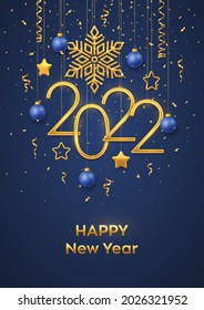 Happy New 2022 Year. Hanging Golden metallic numbers 2022 with shining snowflake, 3D metallic stars, balls and confetti on blue background. New Year greeting card or banner template. Vector.