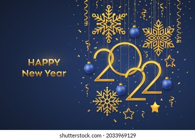 Happy New 2022 Year. Hanging Golden metallic numbers 2022 with shining snowflakes, 3D metallic stars, balls and confetti on blue background. New Year greeting card or banner template. Vector.