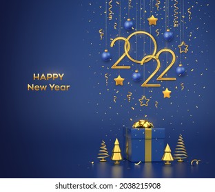 Happy New 2022 Year. Hanging golden metallic numbers 2022 with stars, balls and confetti on blue background. Gift box and golden metallic pine or fir, cone shape spruce trees. Vector illustration.