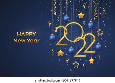 Happy New 2022 Year. Hanging Golden metallic numbers 2022 with shining 3D metallic stars, balls and confetti on blue background. New Year greeting card, banner template. Realistic Vector illustration.